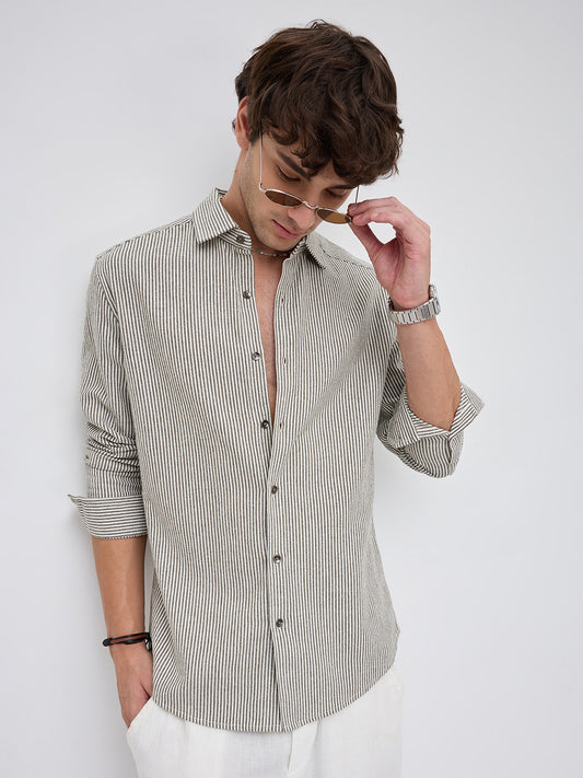 Olive & White Vertical Striped Relaxed Shirt
