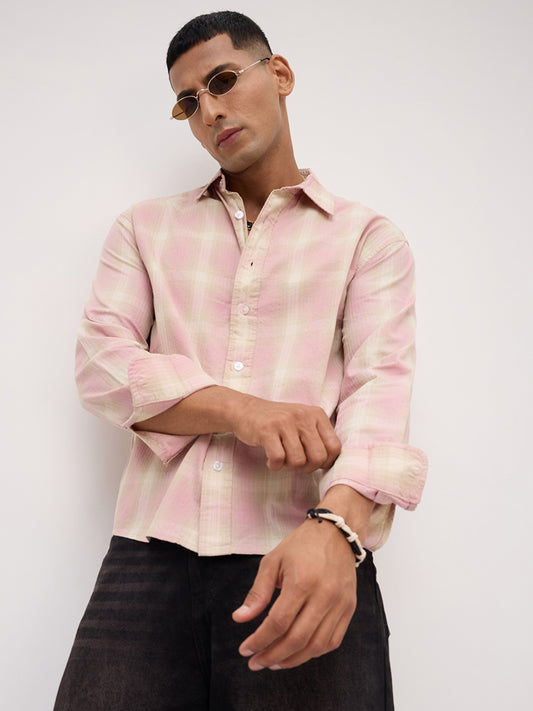Blush Pink Block Checks Boxy Fit Crop Shirt