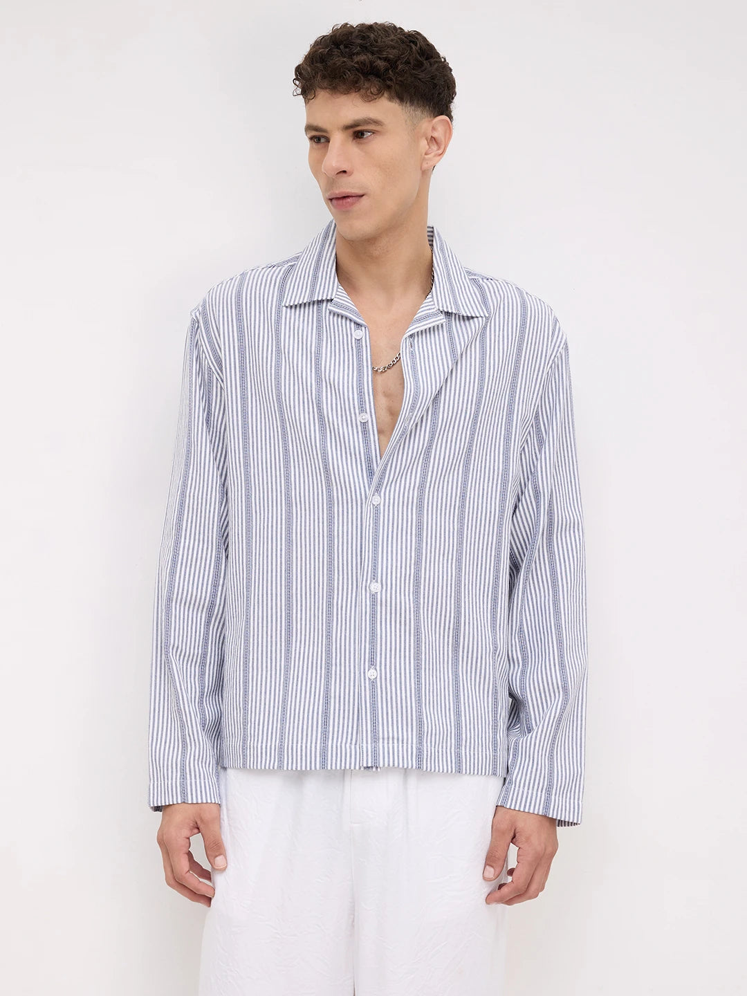 Luxe Blue Candy Striped Notch Collar Oversized Shirt