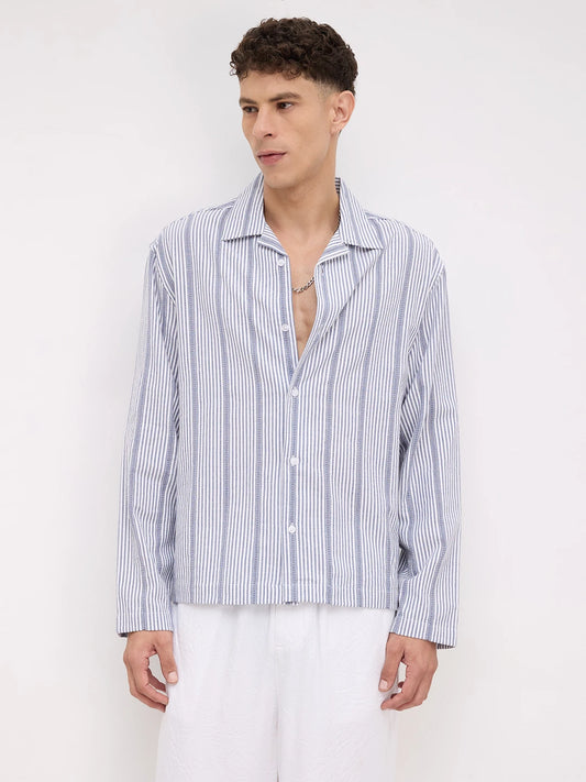 Luxe Blue Candy Striped Notch Collar Oversized Shirt