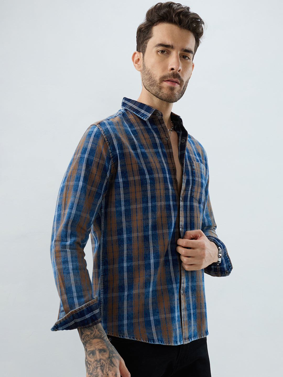 Classic Camel Brown Nightfall Denim Tartan Checks Shirt