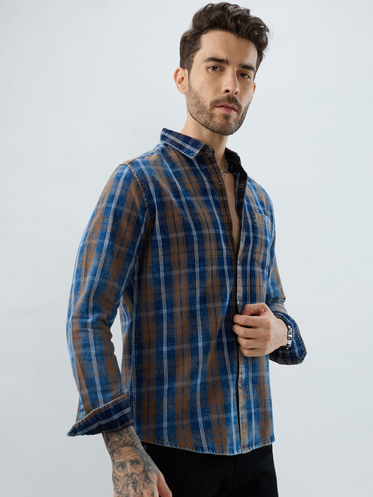 Classic Camel Brown Nightfall Denim Tartan Checks Shirt