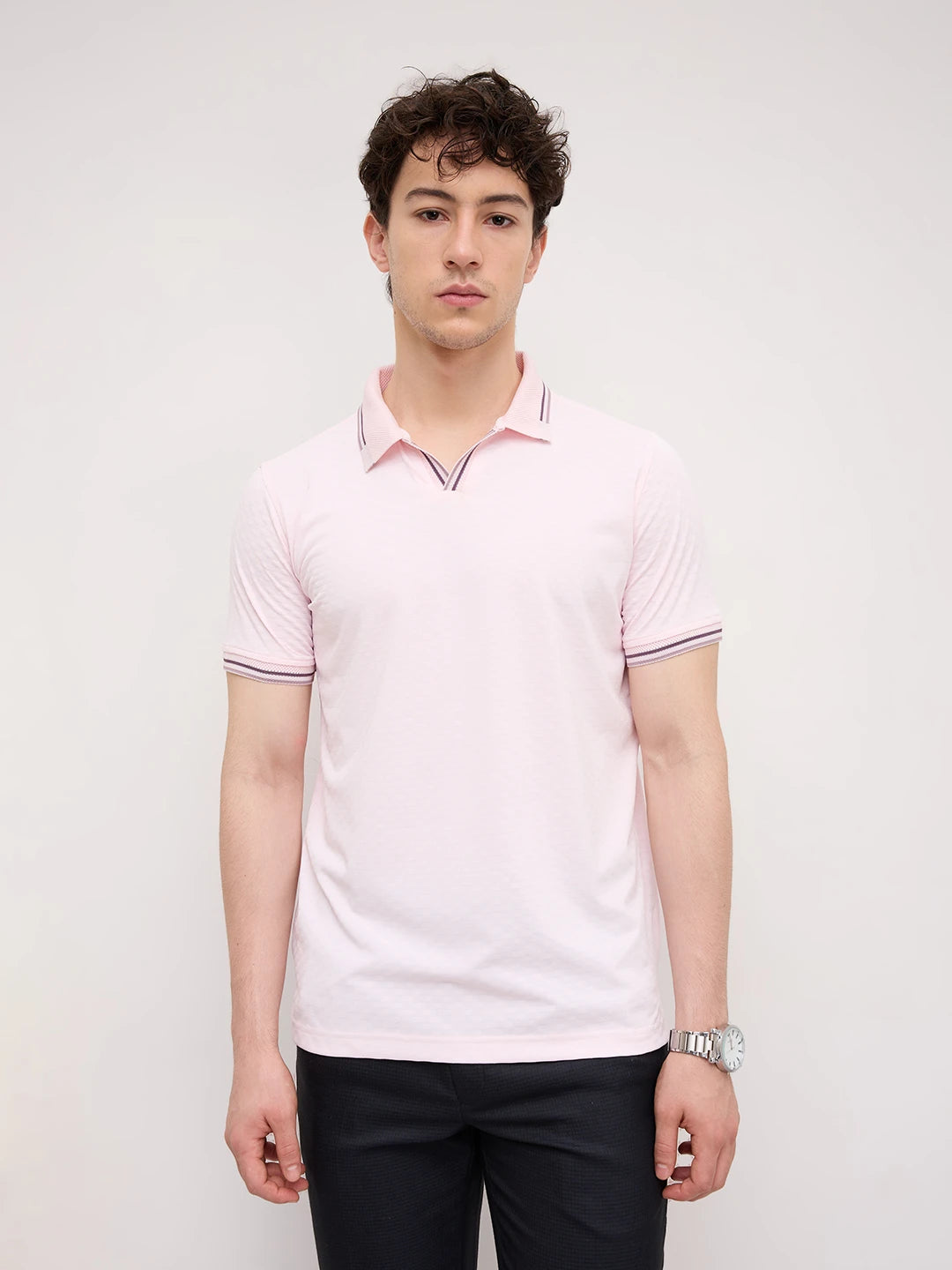 Soft Pink Contrast Knit Collar Tee