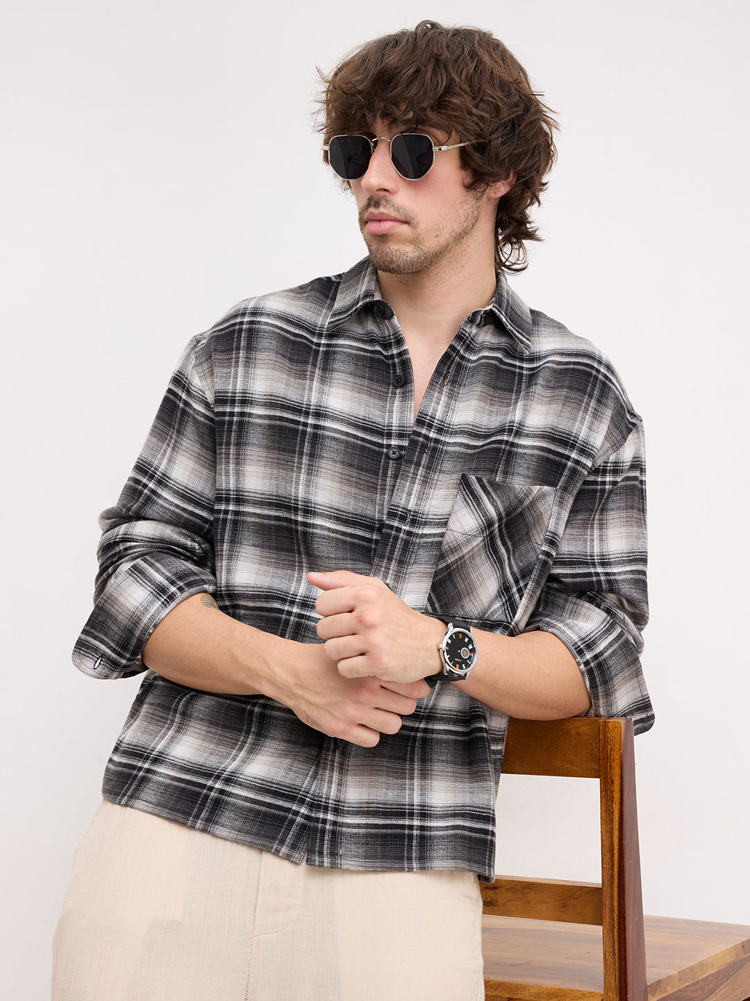 Rich Monochrome Winter Plaid Checks Flannel Boxy Fit Crop Shirt