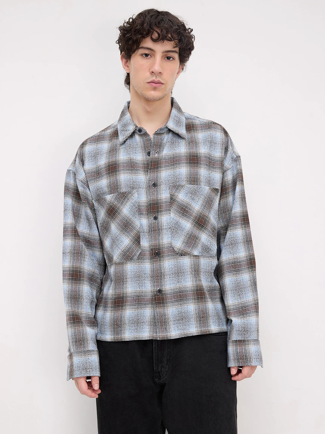 Sky Blue & Brown Flannel Plaid Checks Twin Pocket Crop Shirt