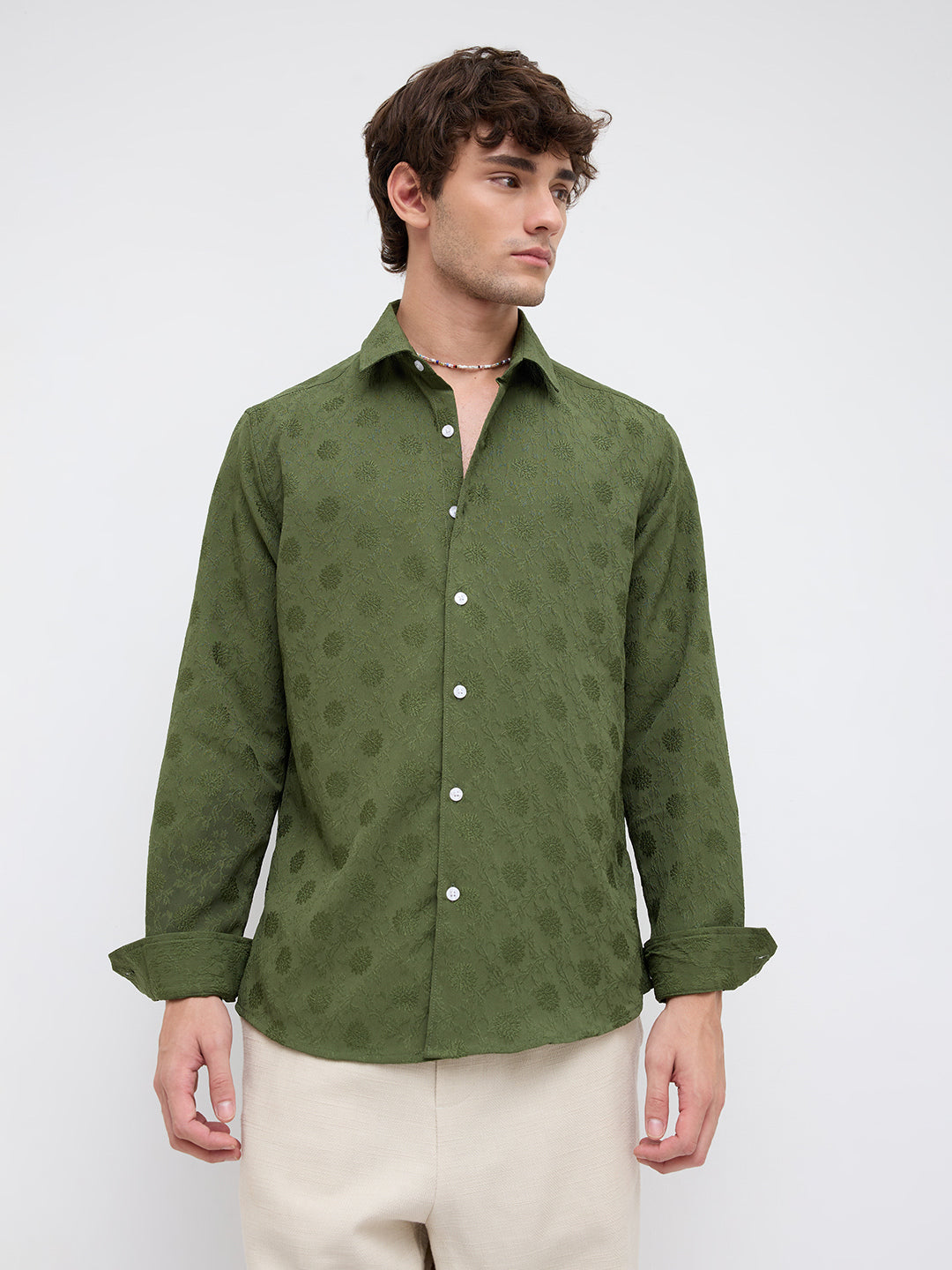 Refined Forest Green Floral Textured Shirt