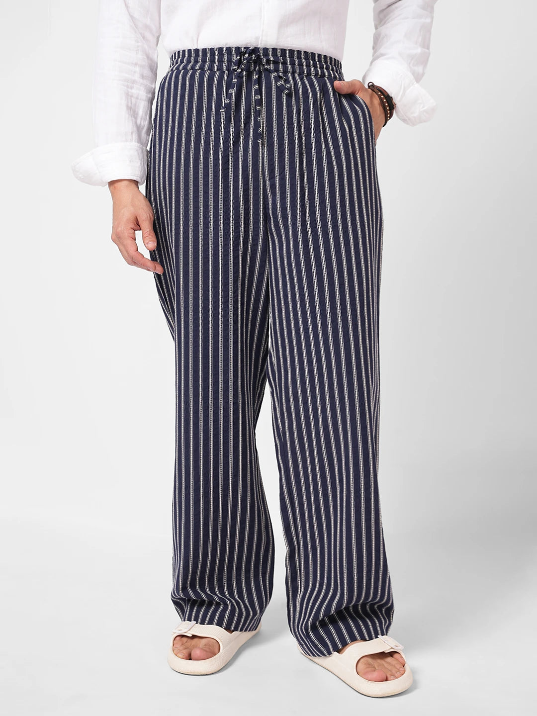 Navy Artisan Fine Embroidered Seersucker Striped Straight Fit Trousers