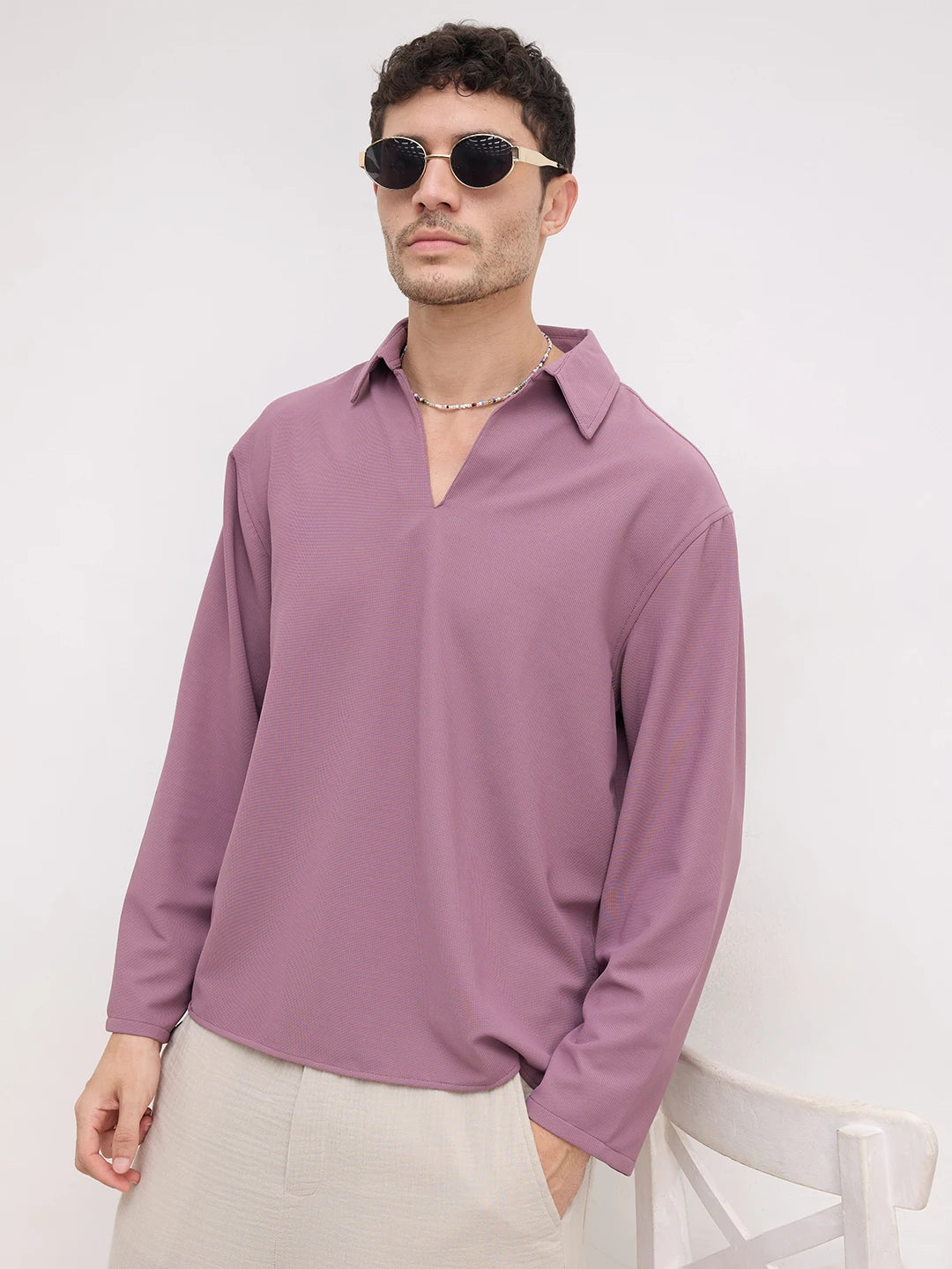 Elegant Grape Purple Oversized Polo Tencel Knit Shirt