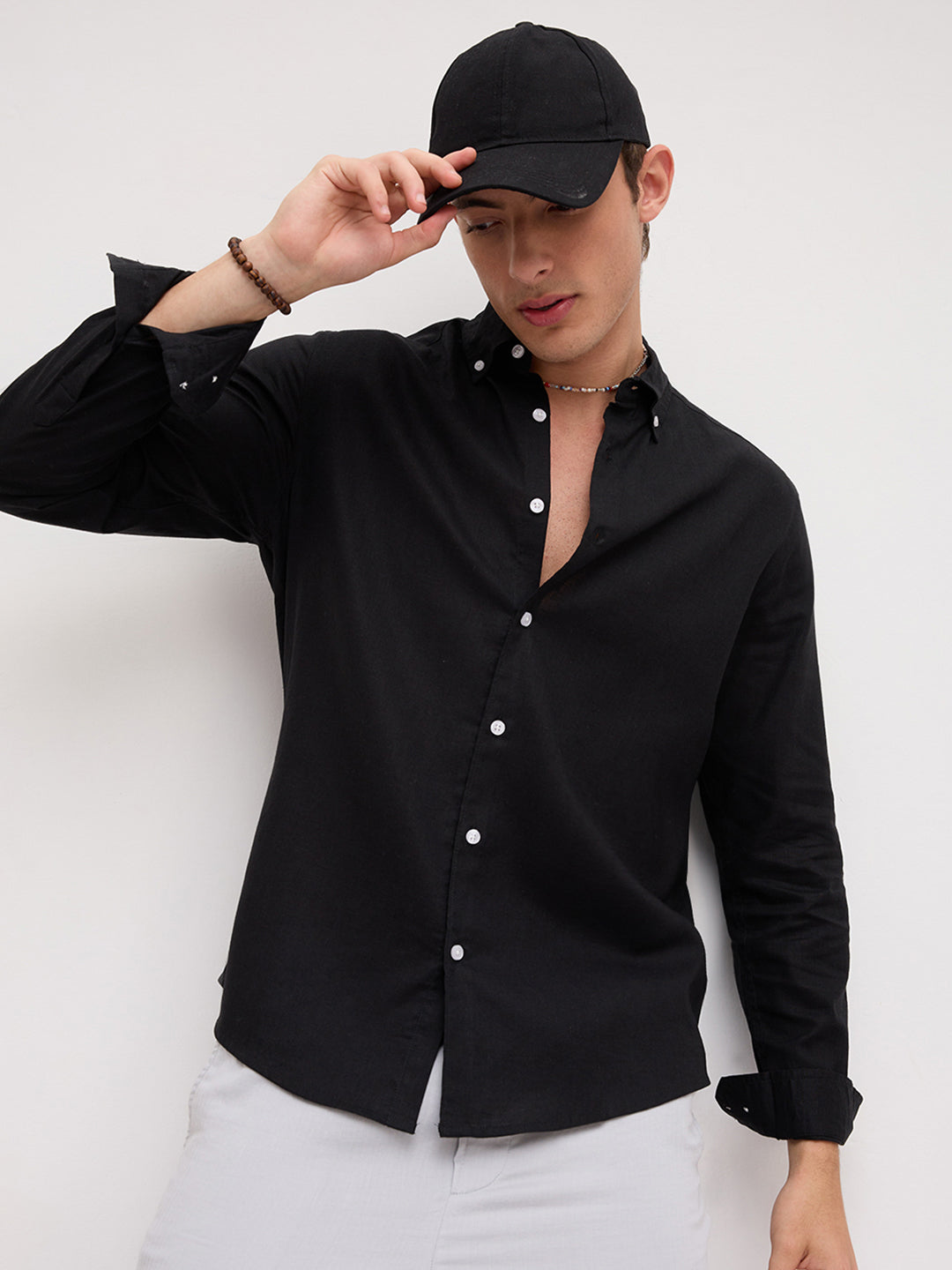 Luxe Black Button-Down Collar Linen Blend Shirt