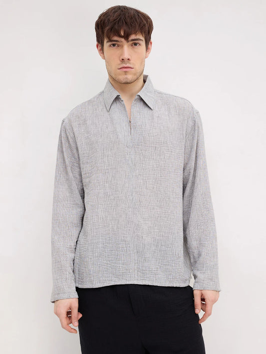 Refined Ash Grey Textured Center Seam Oversized Shirt
