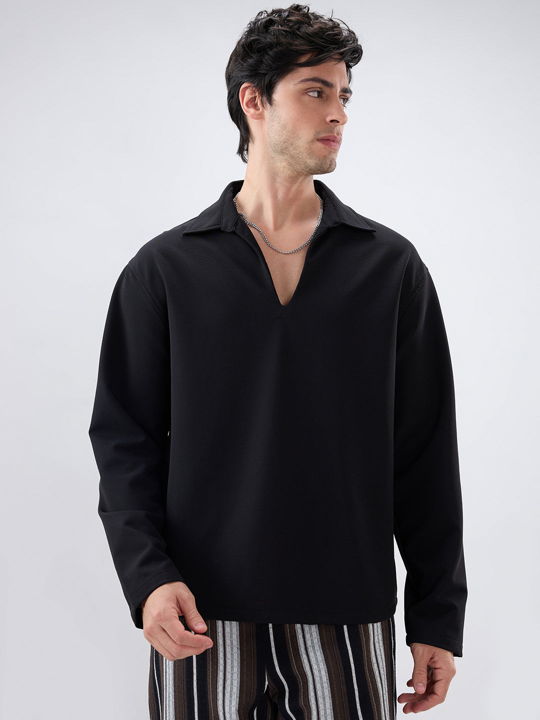 Timeless Black Oversized Polo Tencel Knit Shirt