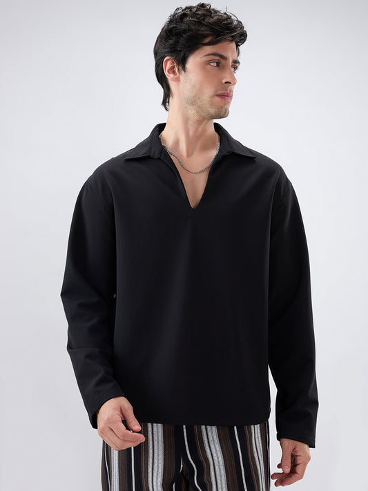 Timeless Black Oversized Polo Tencel Knit Shirt