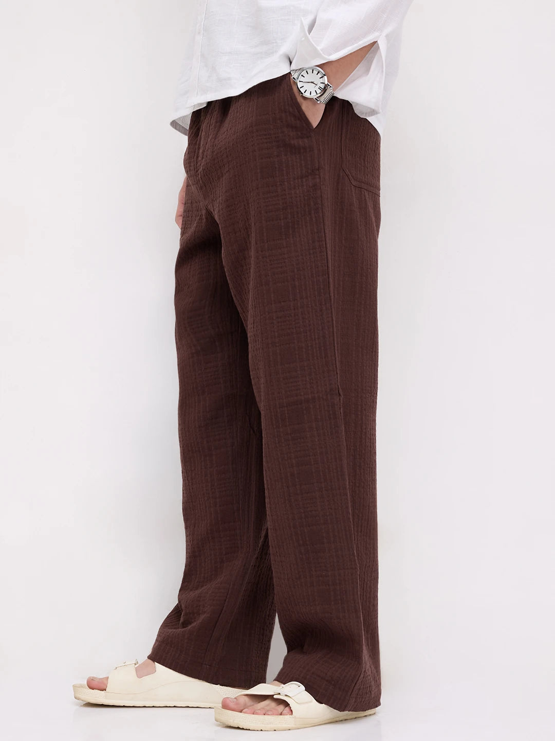 Coffee Brown Double Cloth Embossed Straight Fit Trousers