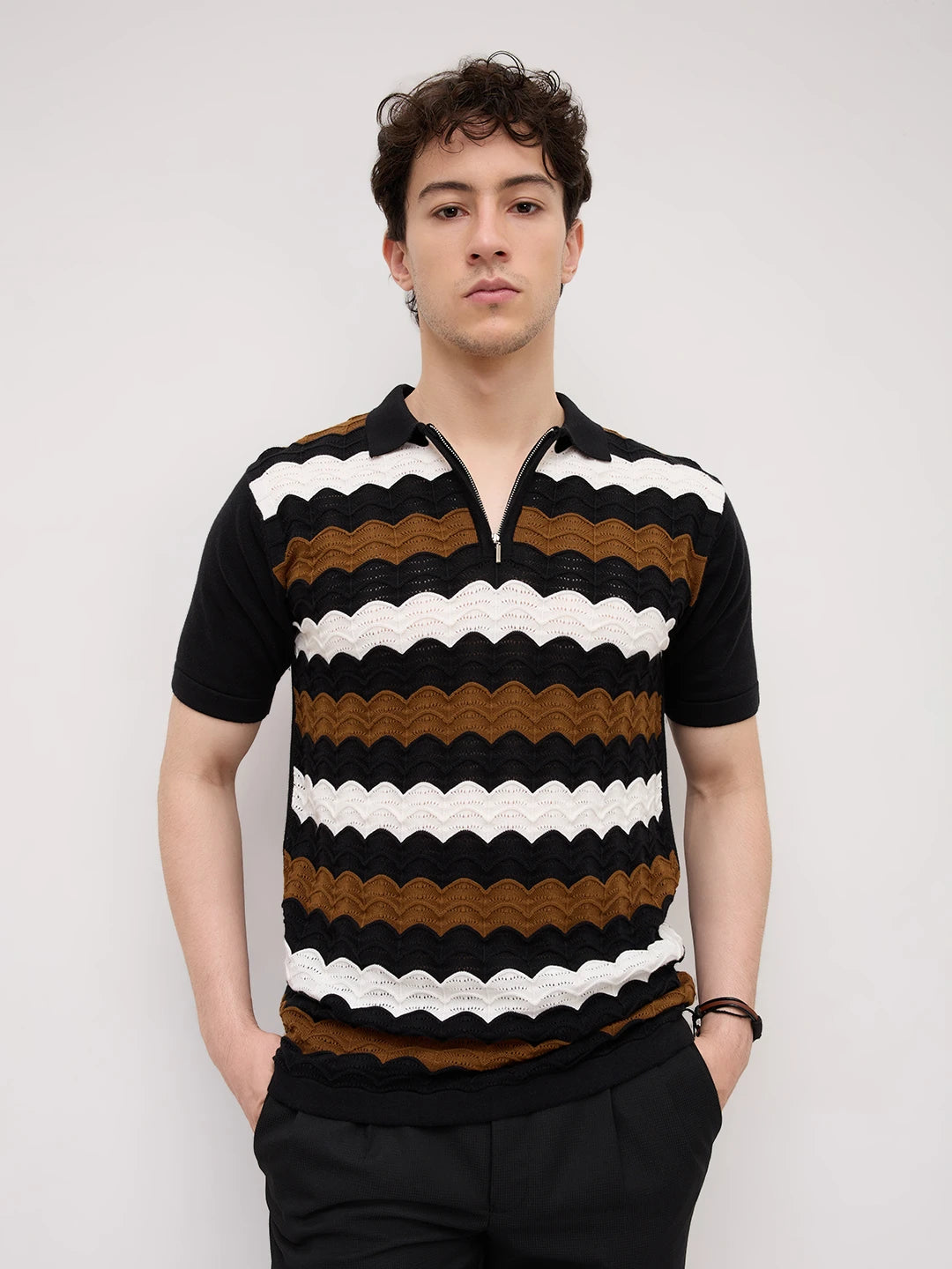 Brown & White Scallop Zip Weave Flat Knit Polo T-Shirt