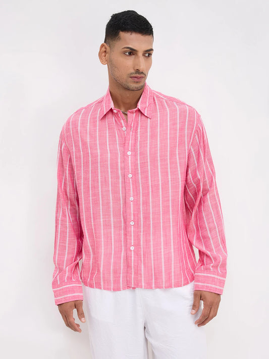 Romantic Rose Pink Striped Boxy Fit Crop Shirt