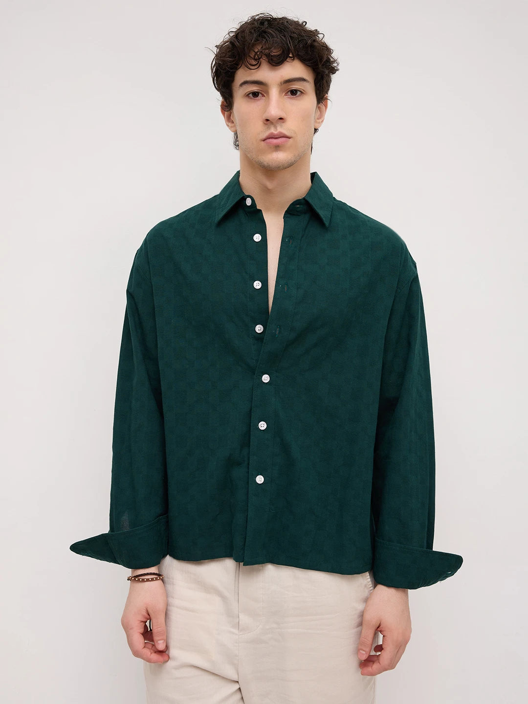 Emerald Green Square Weave Boxy Fit Crop Shirt