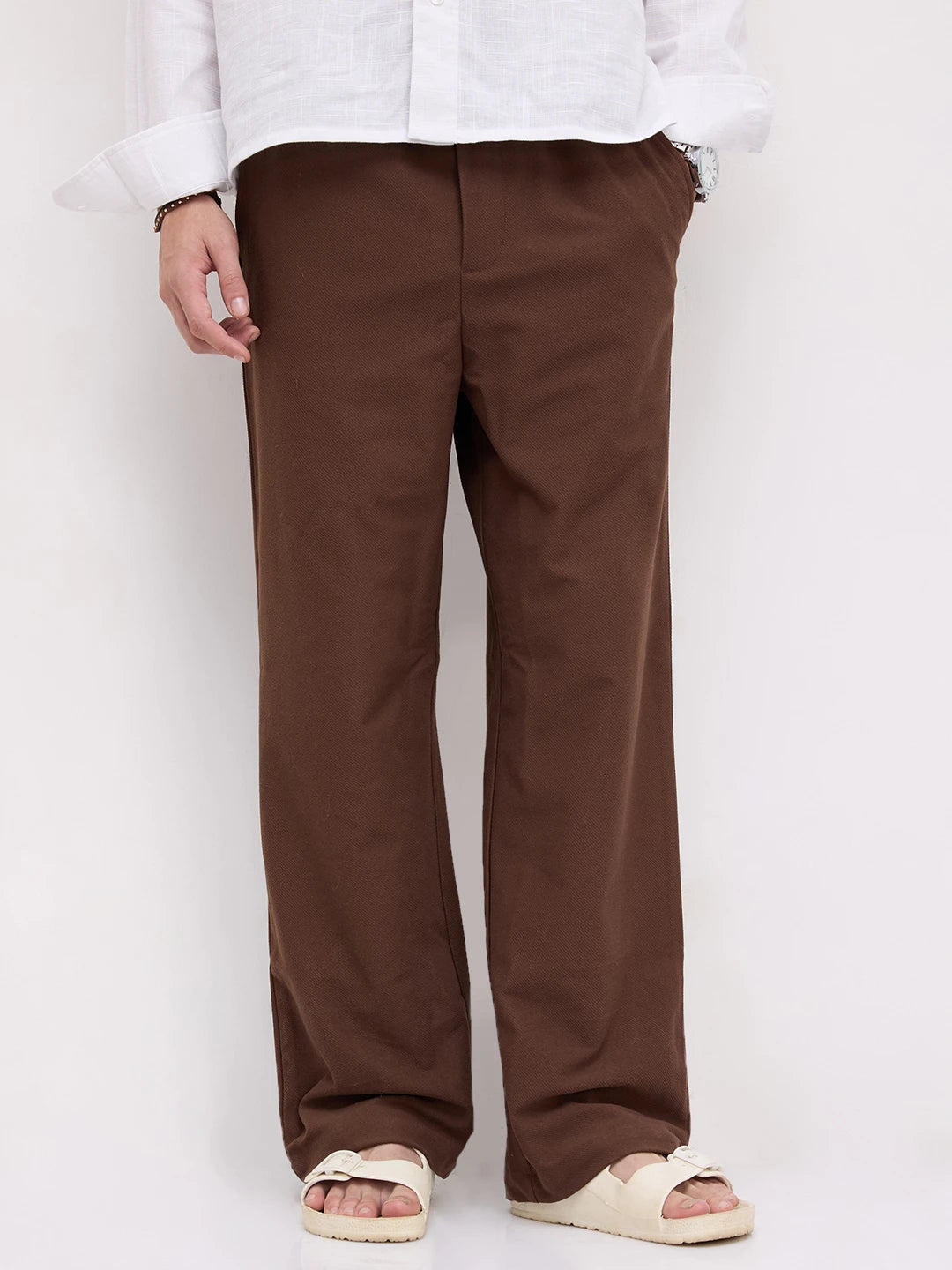 Chocolate Brown Diagonal Textured Knitted Straight Leg Trousers
