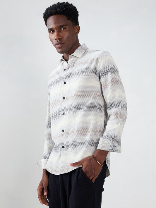 Grey Jacquard Wave Pattern Striped Shirt