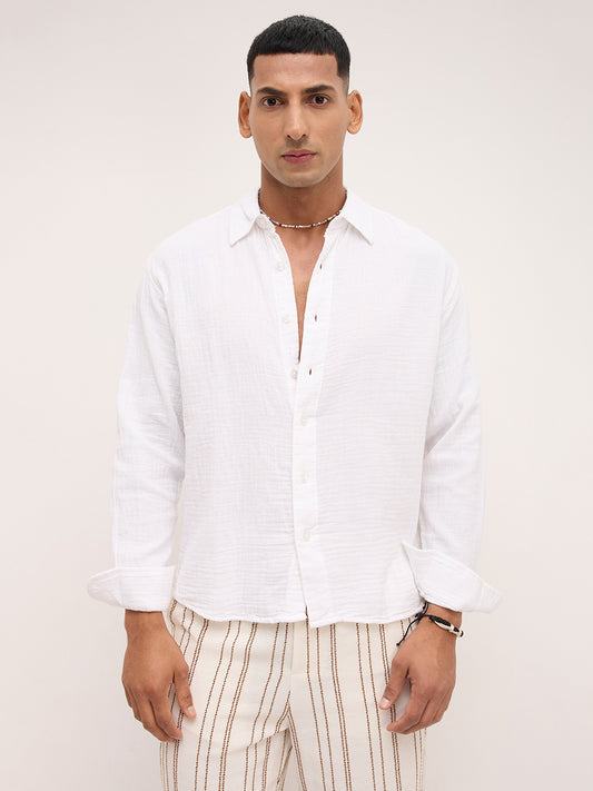 Cloud White Double Cloth Boxy Fit Crop Shirt