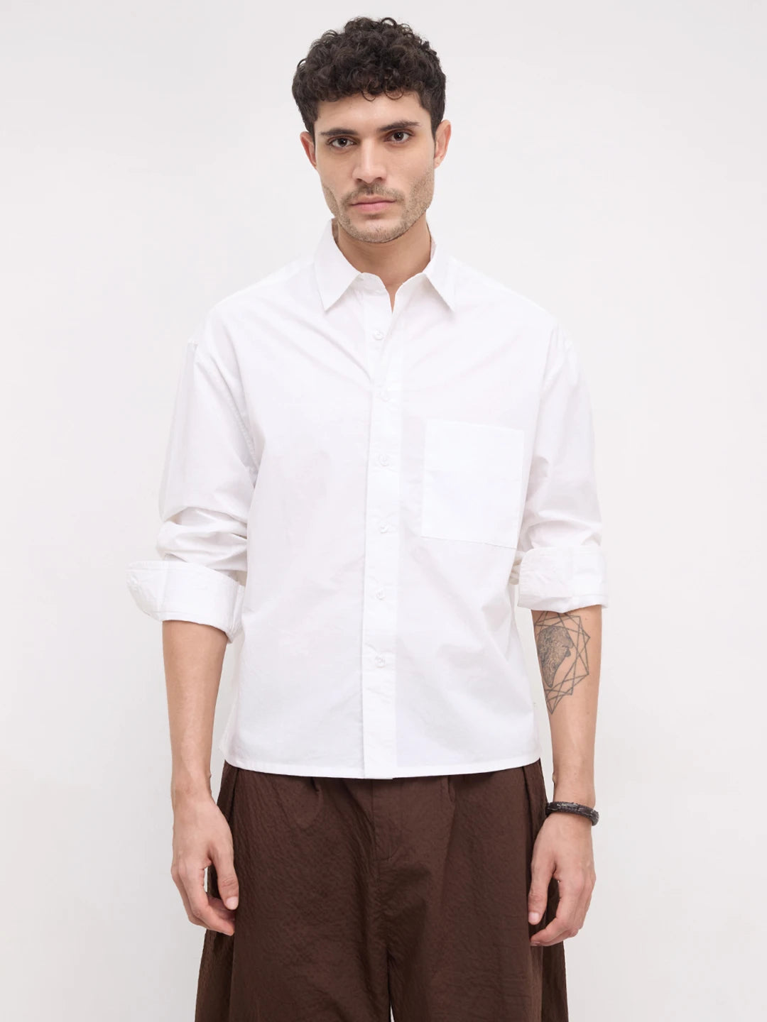 Timeless Off-White Crinkled Boxy Fit Crop Shirt