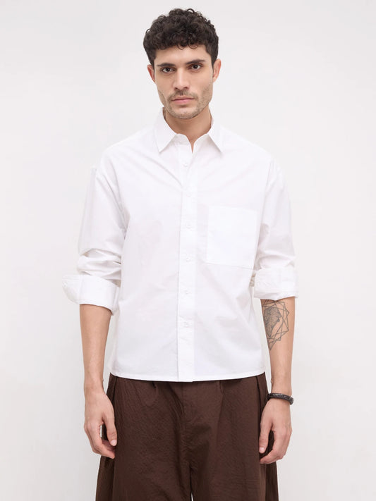 Timeless Off-White Crinkled Boxy Fit Crop Shirt