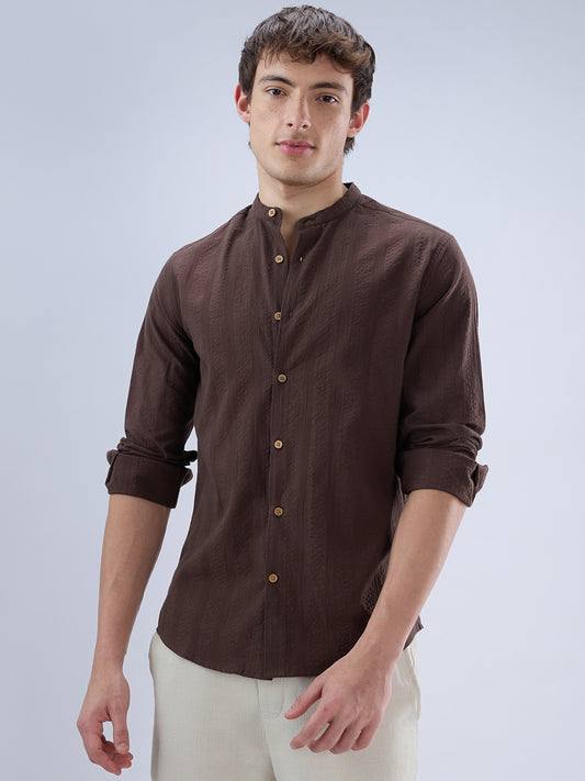 Chocolate Brown Seersucker Striped Mandarin Shirt