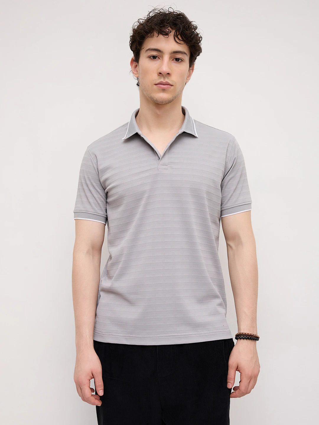 Silver Grey Horizontal Stripe Contrast Polo Knit T-Shirt