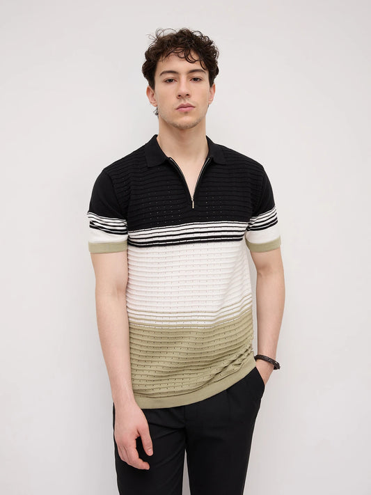 Seaside Contrast Panel Weave Flat Knit Polo T-Shirt
