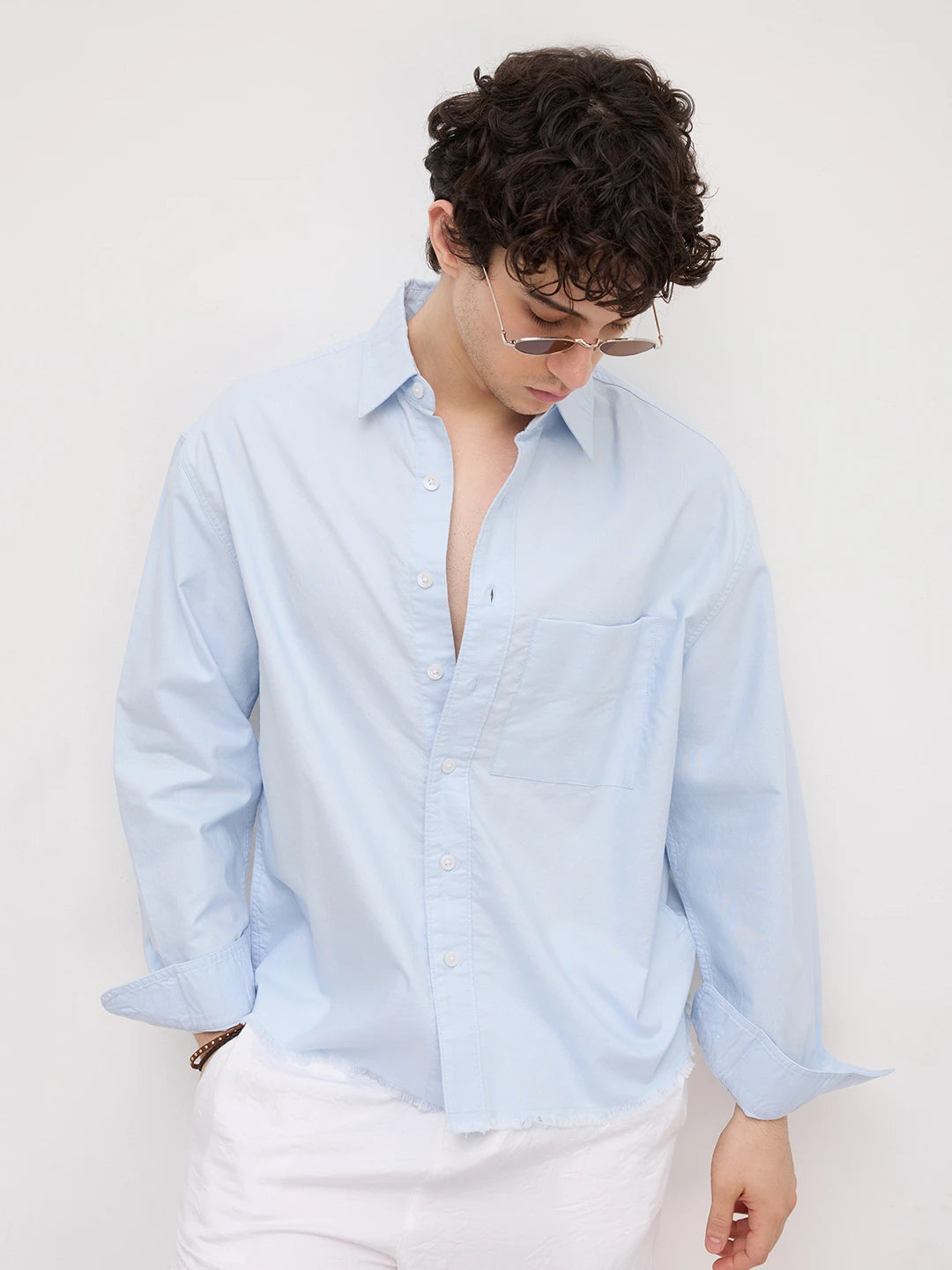 Carolina Blue Fine Textured Frayed Boxy Fit Crop Shirt