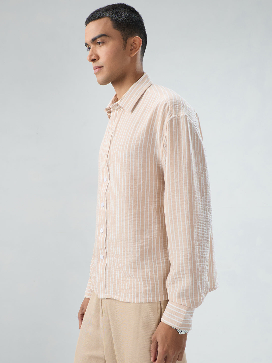 Crayola Peach Vertical Striped Crinkled Boxy Fit Crop Shirt