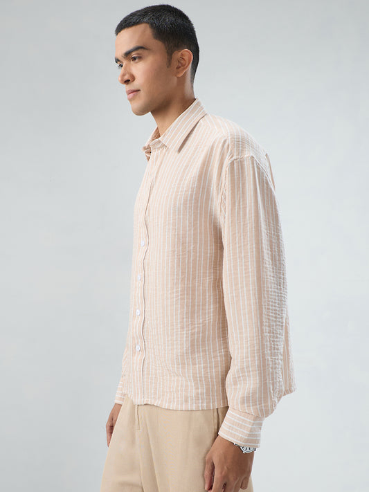 Crayola Peach Vertical Striped Crinkled Boxy Fit Crop Shirt