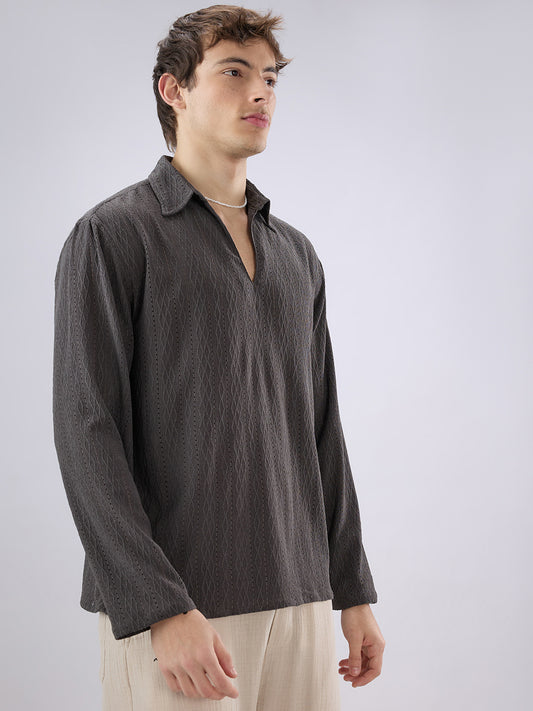 Dark Grey Textured Crochet Polo Oversized Shirt