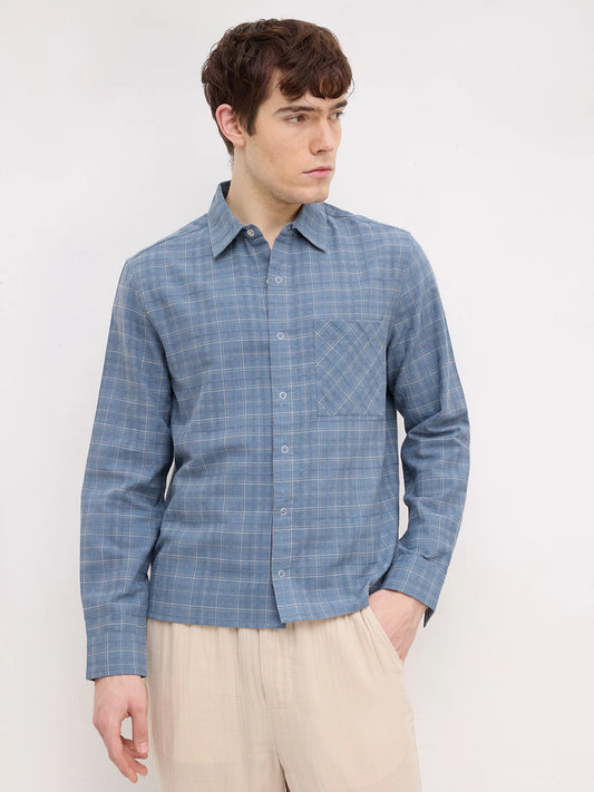 Blue Loomscape Checks Straight Hem Crop Shirt