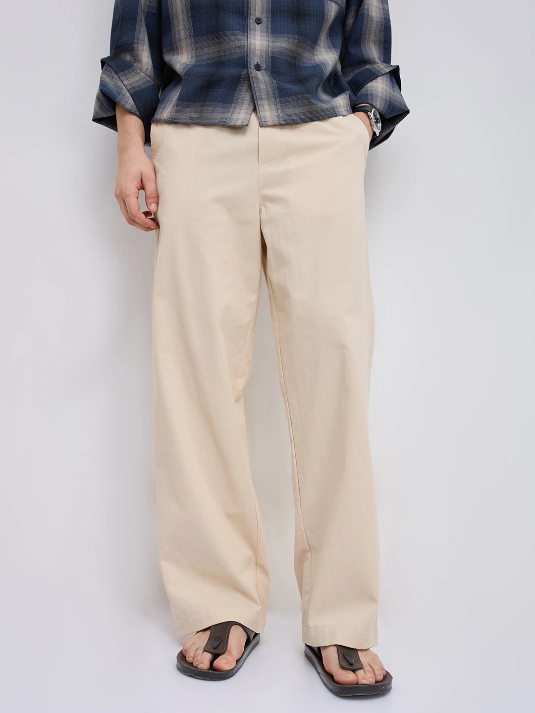 Solid Beige Cord Straight Fit Trousers