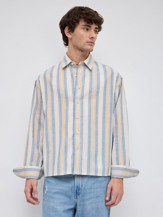 Ornate Multicolor Striped Linen Blend Boxy Fit Crop Shirt