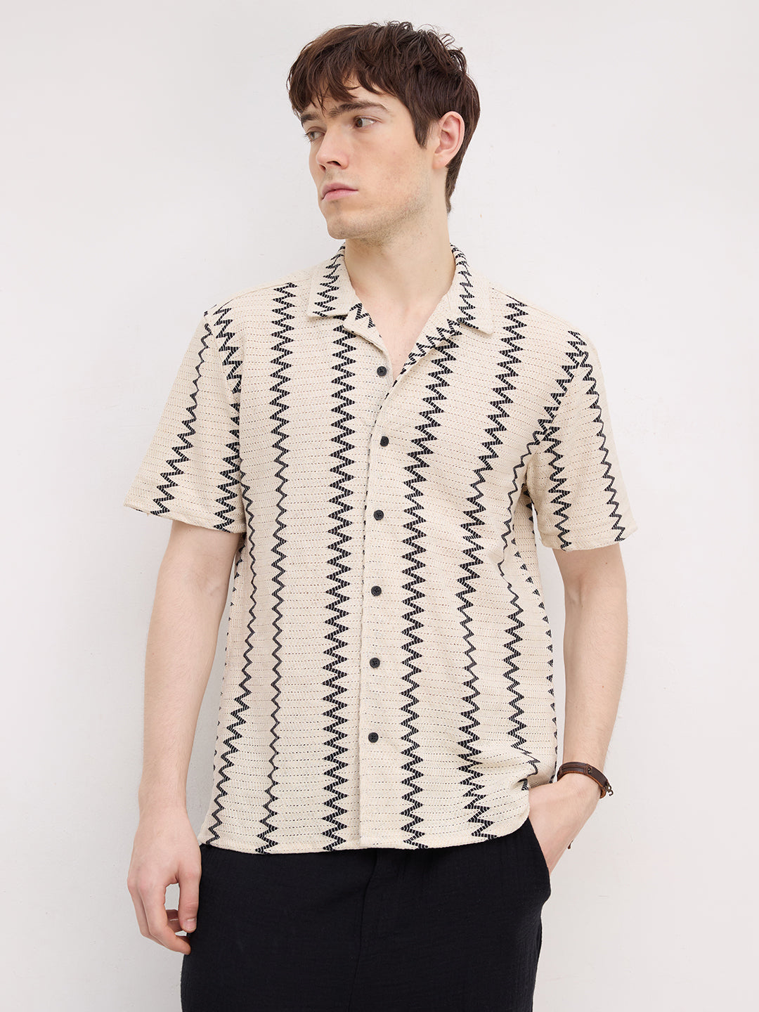 Beige & Black Chevron Striped Notch Collar Oversized Shirt