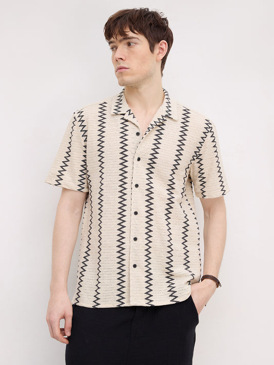 Beige & Black Chevron Striped Notch Collar Oversized Shirt