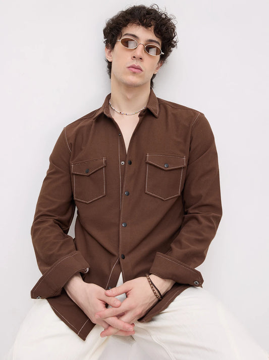 Hickory Brown Twin Pocket Knitted Overshirt