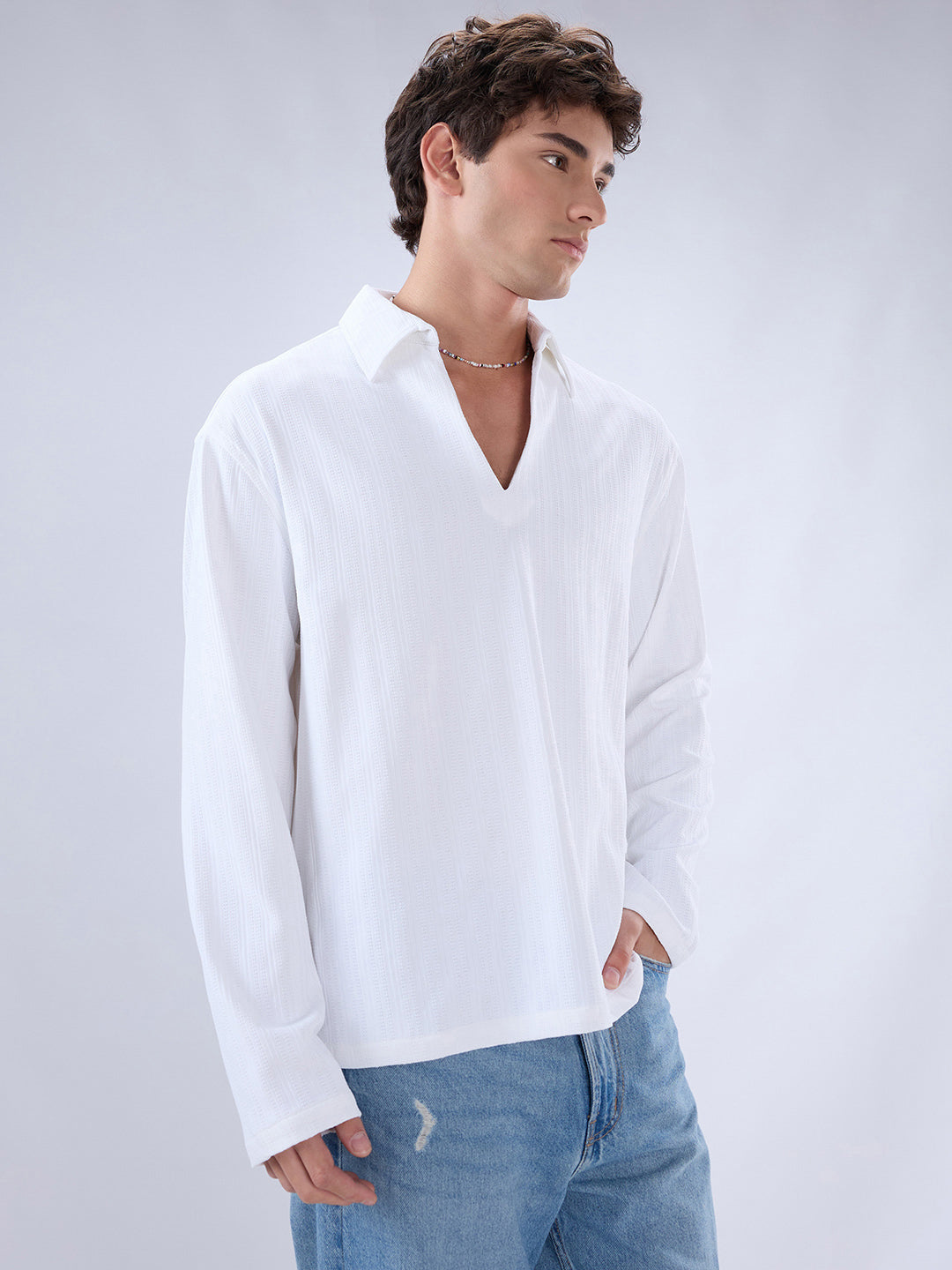 Snow White Micro Weave Knitted Oversized Polo Shirt