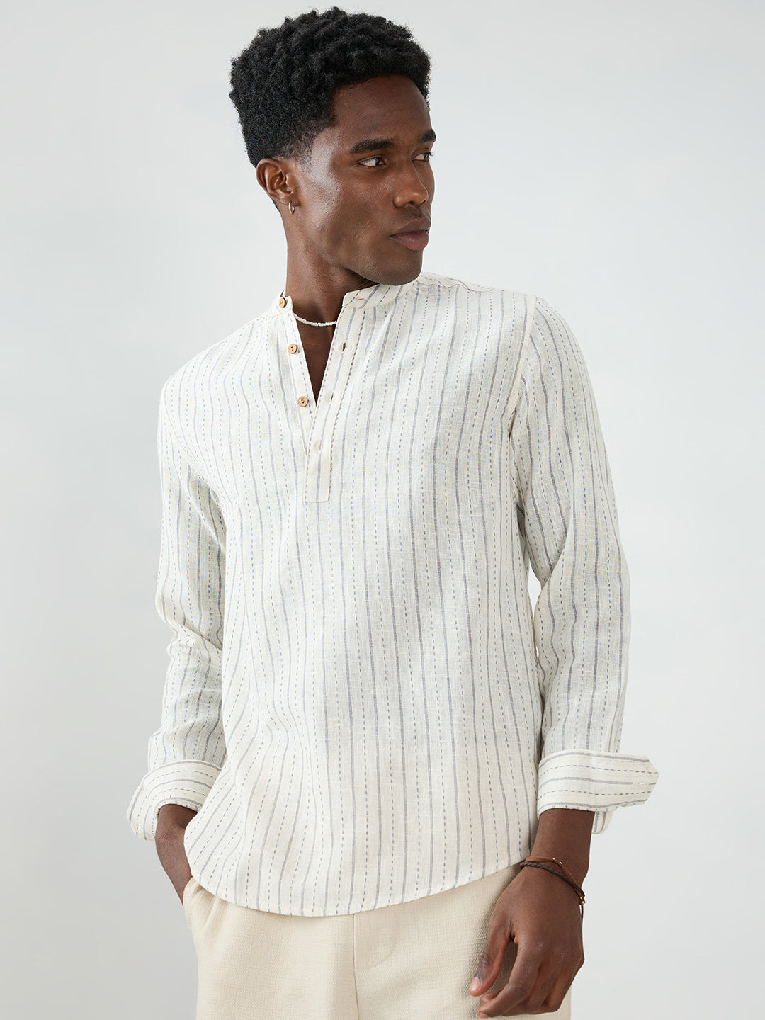 White & Grey Burlap Weaved Striped Kurta