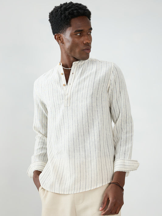 White & Grey Burlap Weaved Striped Kurta