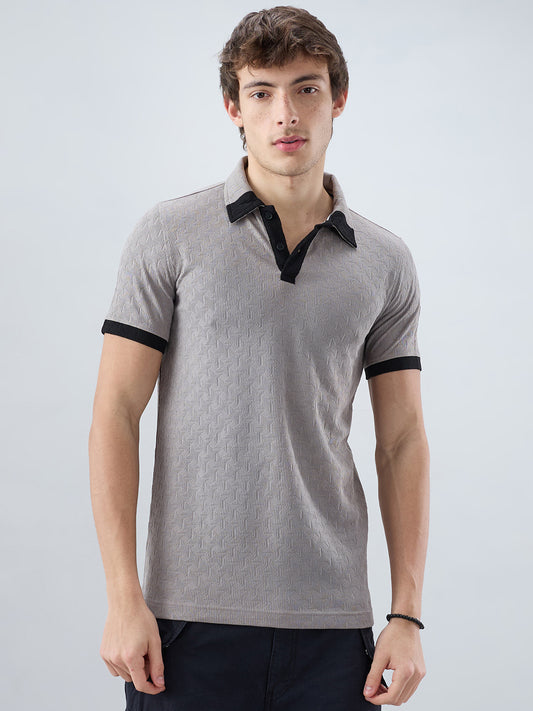 Shadow Grey Textured Contrast Polo Neck Knit T-shirt