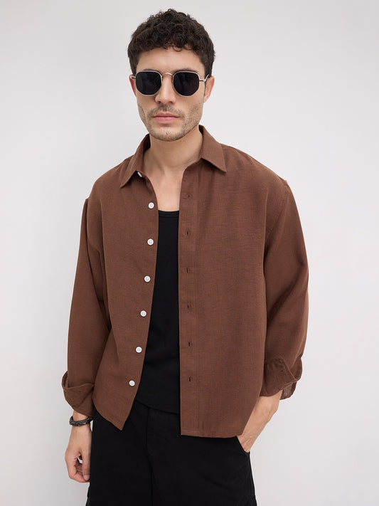 Plush Chocolate Brown Sheer Weave Boxy Fit Crop Shirt
