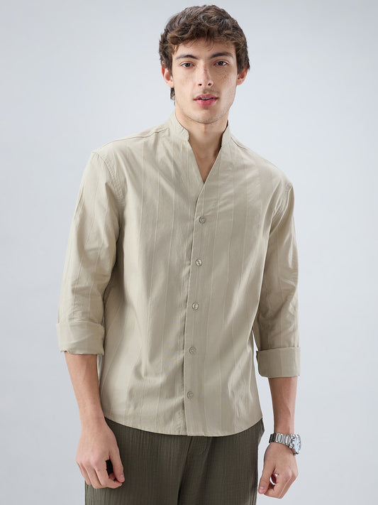 Sandstone Khaki Panel Textured Stand Collar Oversized Shirt