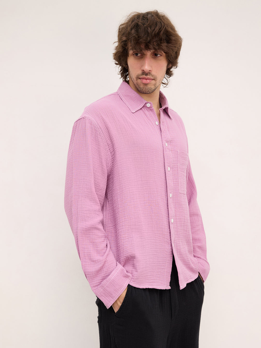 Rich Lilac Double Cloth Boxy Fit Crop Shirt