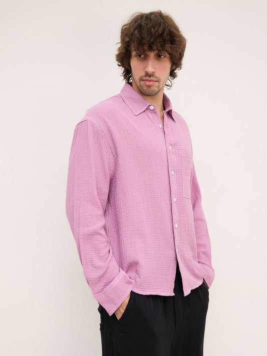 Rich Lilac Double Cloth Boxy Fit Crop Shirt