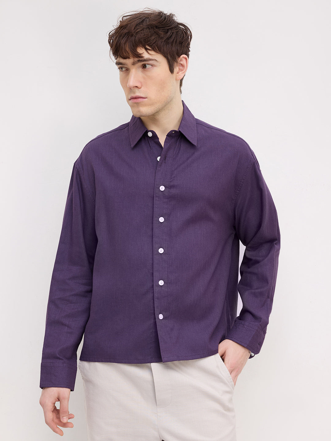 Matte Purple Fine Textured Boxy Fit Crop Shirt