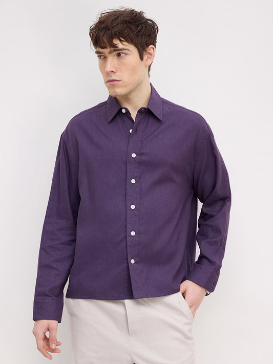 Matte Purple Fine Textured Boxy Fit Crop Shirt