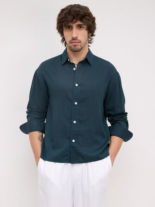 Emerald Green Fine Textured Boxy Fit Crop Shirt