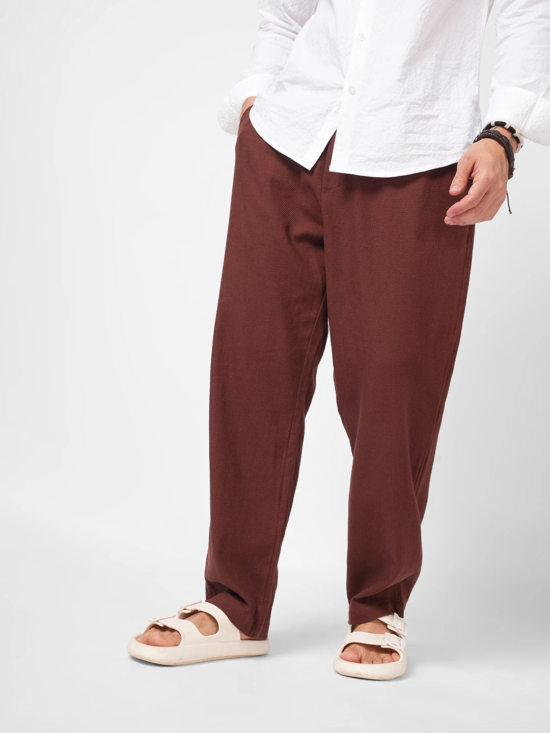 Brown Diagonal Twill Textured Tapered Trousers